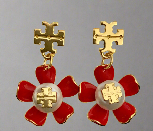 Tory Burch Gold And Samba Red Pearl Flower Drop Earrings