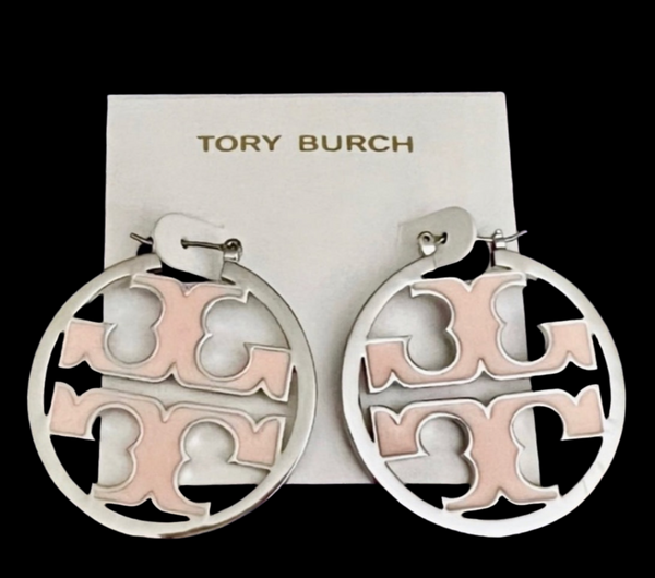 Tory Burch Miller Shiny Silver And Pink Enamel Inlay Hoop Earrings