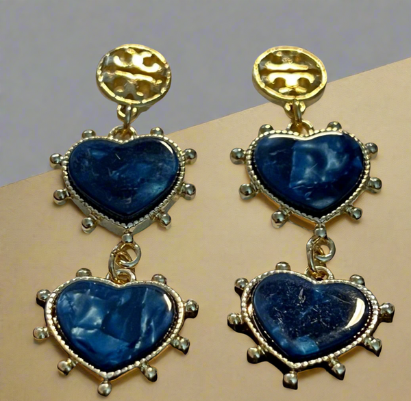 Tory Burch Logo Gold Plated Brass and Blue Lapis Stone Heart Drop Earrings