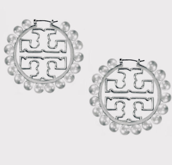 Tory Burch Silver Miller Wire Hoop Pearl Logo Earrings