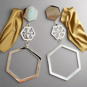 Tory Burch Geo Hexagon Logo Drop Shiny Silver Earrings