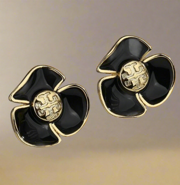 Tory Burch Black Gold Fleur Logo Stud Earrings