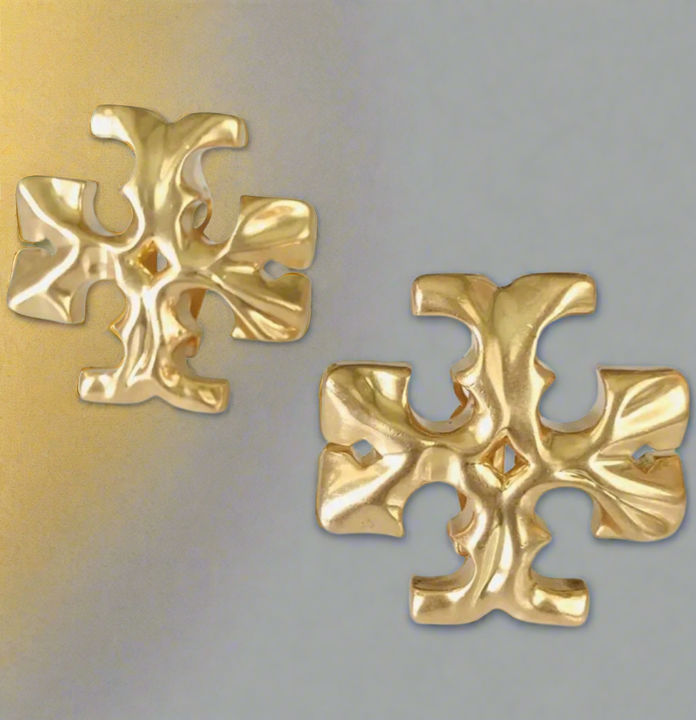 Tory Burch Double T Logo Roxanne Golden Large Clip On Stud Earrings