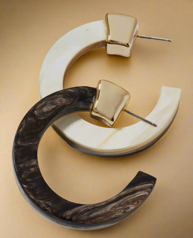 Akola Women's Black White Two-Tone Post Back Horn Hoop Earrings