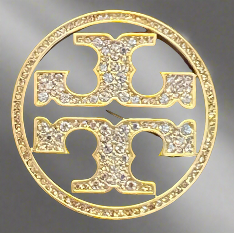 Tory Burch Gold And  Crystal Pave Double T logo Brooch Pin