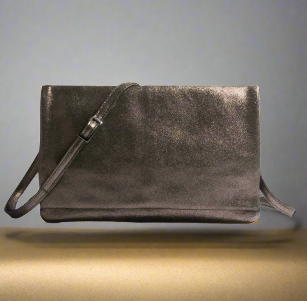 Johnny Was Gemma Laminated Suede Convertible Clutch Crossbody Bag Semi Metallic Bronze Tone