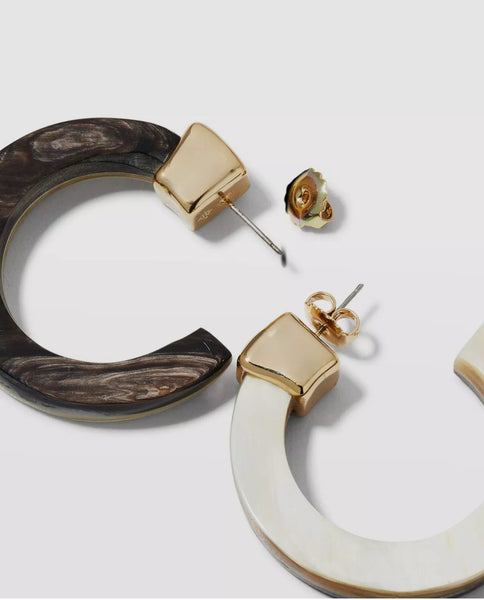 Akola Women's Black White Two-Tone Post Back Horn Hoop Earrings