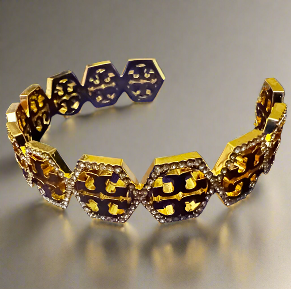 Tory Burch Hexagon Pave Frozen Logo Cuff Bracelet and Stud Earrings Gold Tone with Pavè Crystals