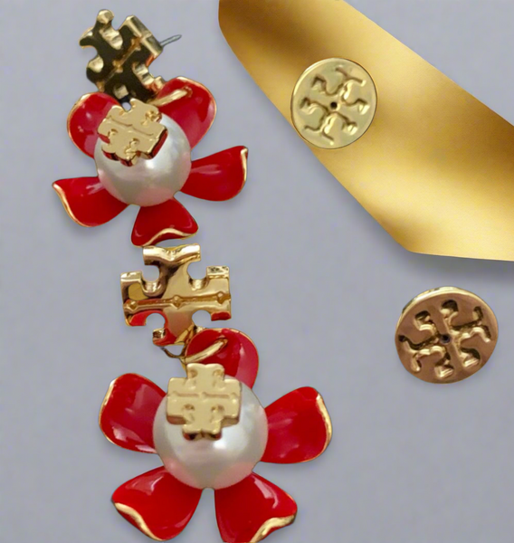 Tory Burch Gold And Samba Red Pearl Flower Drop Earrings