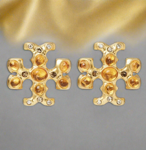 Tory Burch Roxanne Gold Tone Crystals & Resin Logo Stud Earrings