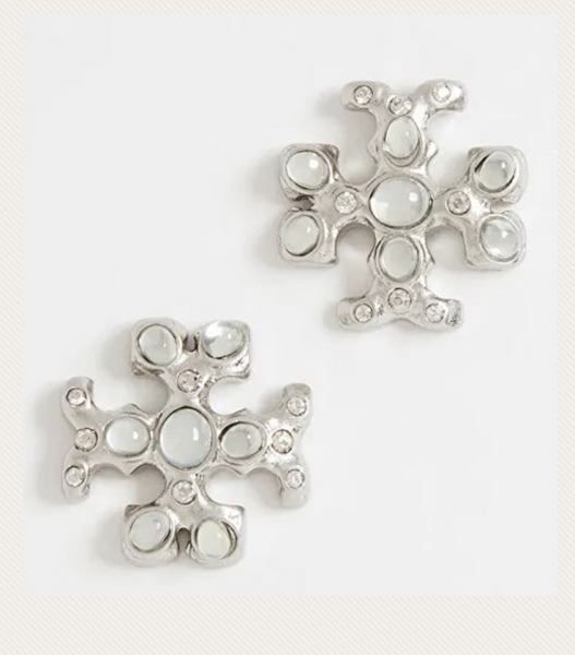 Tory Burch Roxanne Silver Tone Crystals & Resin Logo Stud Earrings