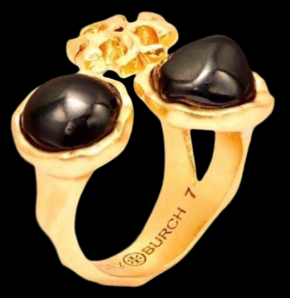 Tory Burch Roxanne Statement Ring Gold and Black Size 7 Adjustable up to Size 9