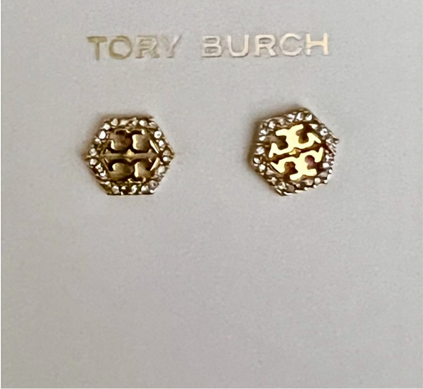 Tory Burch Hexagon Pave Frozen Logo Cuff Bracelet and Stud Earrings Gold Tone with Pavè Crystals