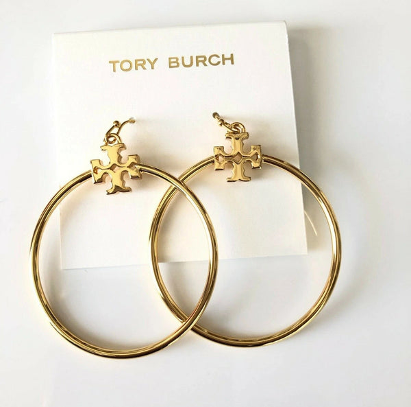 Tory Burch Metallic Gold Kira Stacked-T Logo Hoop Earring