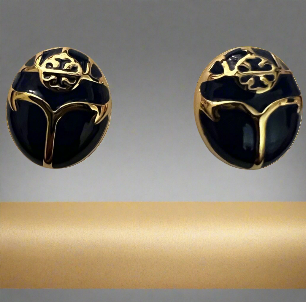 Tory Burch Small Oval Shape With T Logo Black And Gold Stud Earrings Black Gold