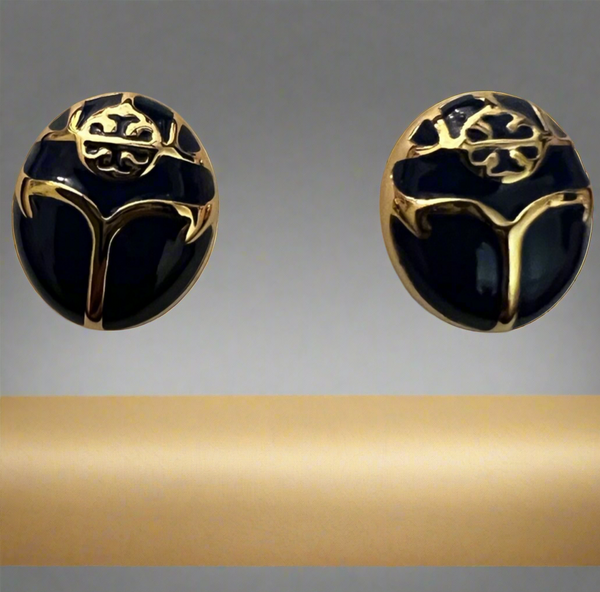 Tory Burch Small Oval Shape With T Logo Black And Gold Stud Earrings Black Gold