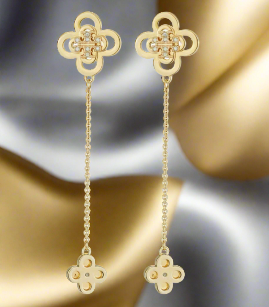 Tory Burch Kira Clover Front-Back Stud Earrings Gold with Crystals