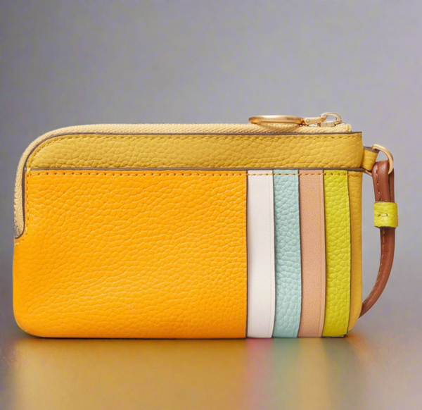 Tory Burch Perry Bombé Leather Color Block Zip Card Case Wristlet Yellow And Multicolor