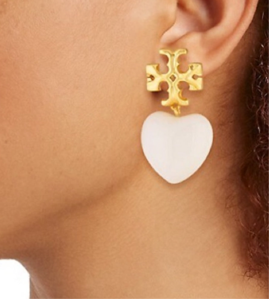 Tory Burch Roxanne Gold Tone And Resin Heart Drop Earrings In Ivory White