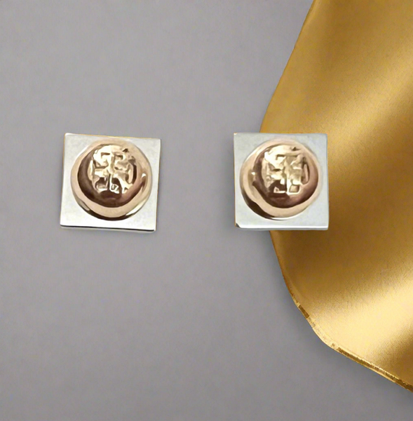 Tory Burch Women's Silver Block with T Logo Stud Earrings Silver And Gold