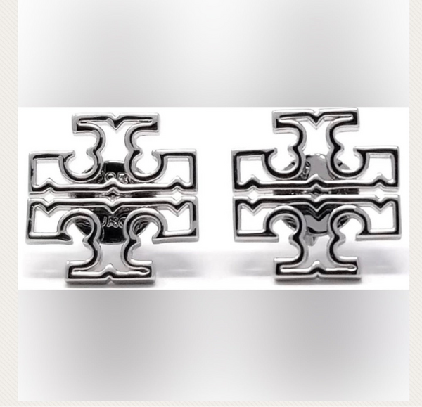 Tory Burch Britten Silver Stud Earrings In Rhodium Plated Polished Finish