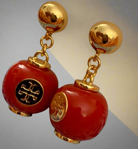 Tory Burch Gold And Red Enamel Logo Drop Earrings