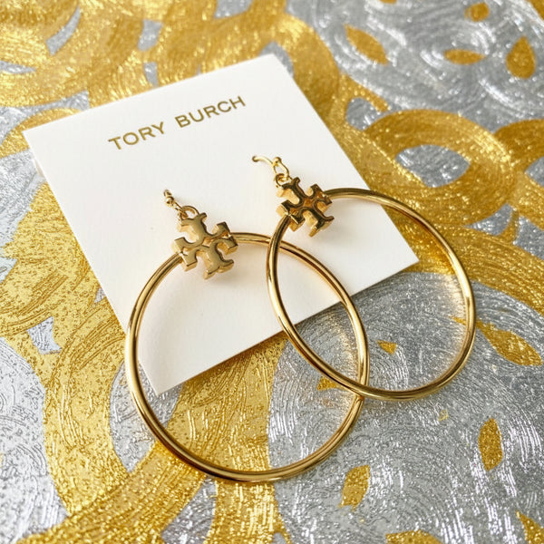 Tory Burch Metallic Gold Kira Stacked-T Logo Hoop Earring