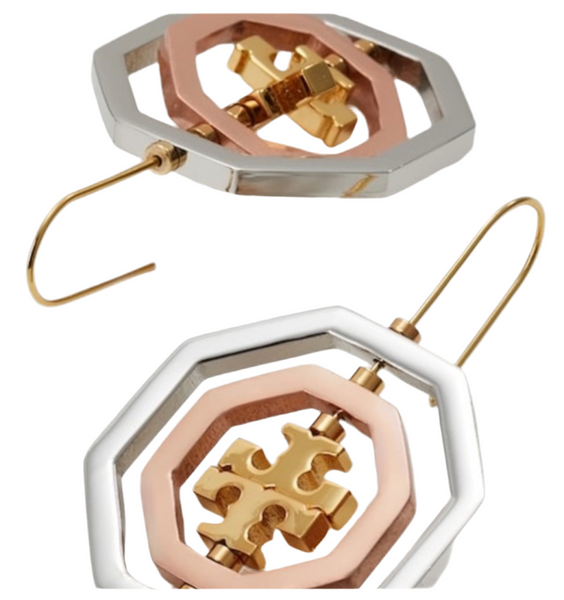 Tory Burch Rose Gold-Silver-Gold Rotating Geo Drop Logo Pierced Earrings