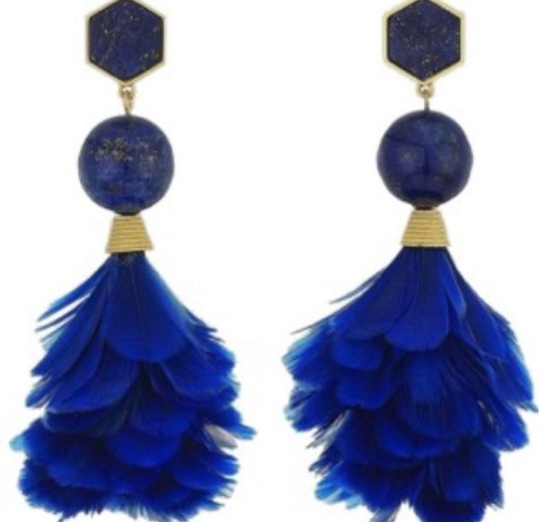 Tory Burch Gold Plated Lapis Lazul And Feather Statement Drop Earrings