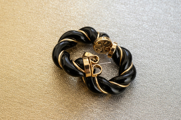 Tory Burch Black and Gold Textured Rope Hoop Earrings