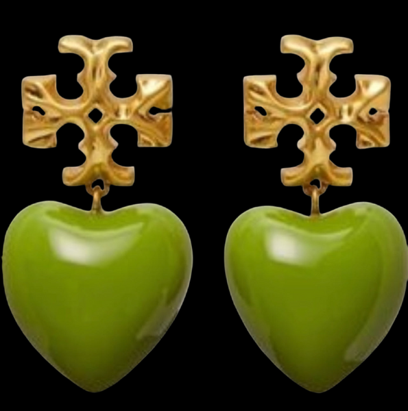 Tory Burch Roxanne Gold Tone And Resin Heart Drop Earrings in Green