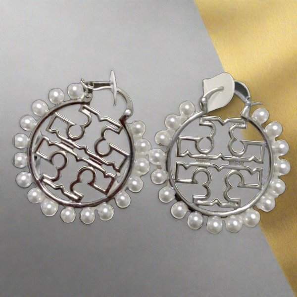 Tory Burch Silver Miller Wire Hoop Pearl Logo Earrings