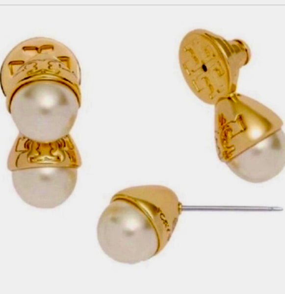 Tory Burch Double Pearl With Logo Stud Earrings