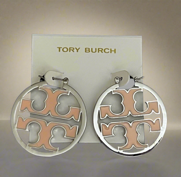 Tory Burch Miller Shiny Silver And Pink Enamel Inlay Hoop Earrings