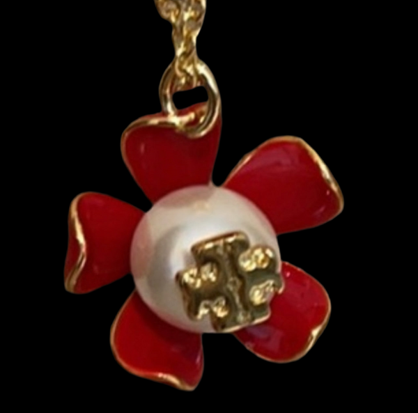 Tory Burch Gold And Samba Red Pearl Flower Necklace