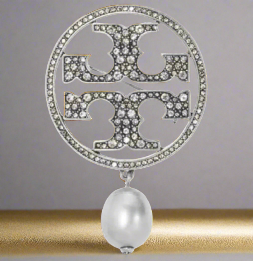 Tory Burch Silver and Swarovski crystal pave double T logo & Crystal Gray Pearl Brooch Pin