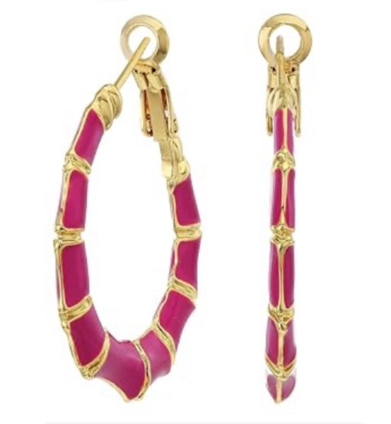 Shashi 18K Gold Plated Bamboo Textured Hoop Earrings Gold And Fuchsia