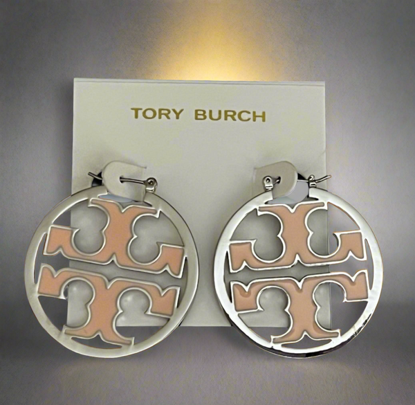 Tory Burch Miller Shiny Silver And Pink Enamel Inlay Hoop Earrings