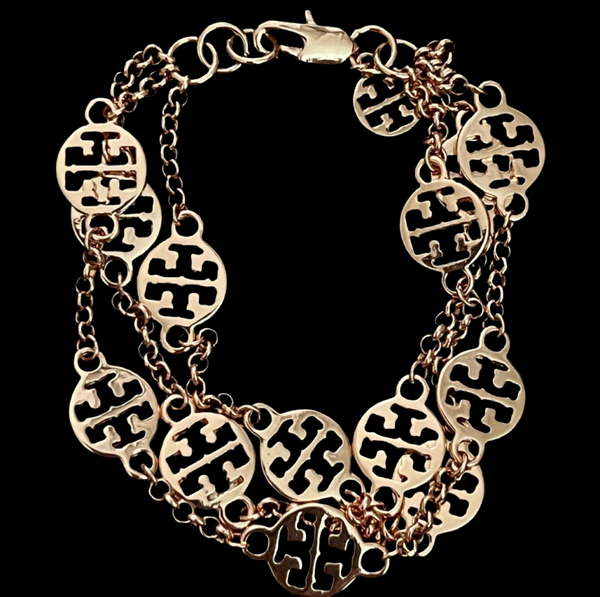 Tory Burch Rose Gold Signature Logo 3 Strand Logo Bracelet