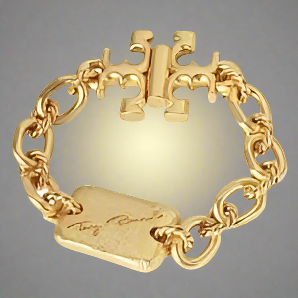 Tory Burch Torsade Engraved Logo Vintage Gold Bracelet