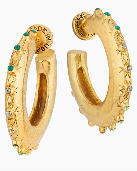 Oscar de la Renta Gold Tone And Glass Shades Of Green Crystals Hoop Earrings