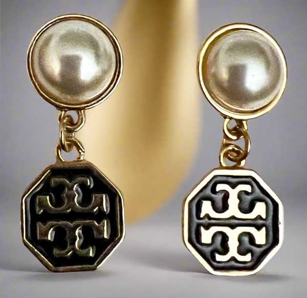 Tory Burch Authentic Hexagonal Black And Gold With T Logo Pearl Drop Earrings