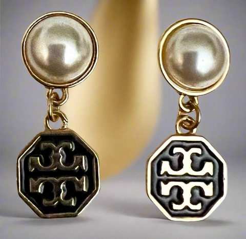 Tory Burch Authentic Hexagonal Black And Gold With T Logo Pearl Drop Earrings