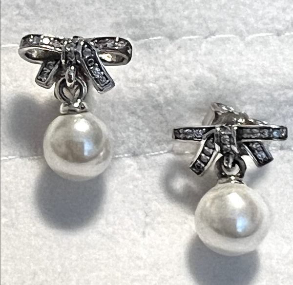 Pandora Silver Earrings Delicate Sentiments Pearl and Studded Rhinestones Silver Bow Earrings