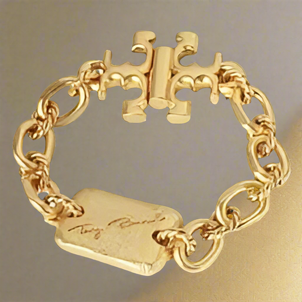 Tory Burch Torsade Engraved Logo Vintage Gold Bracelet