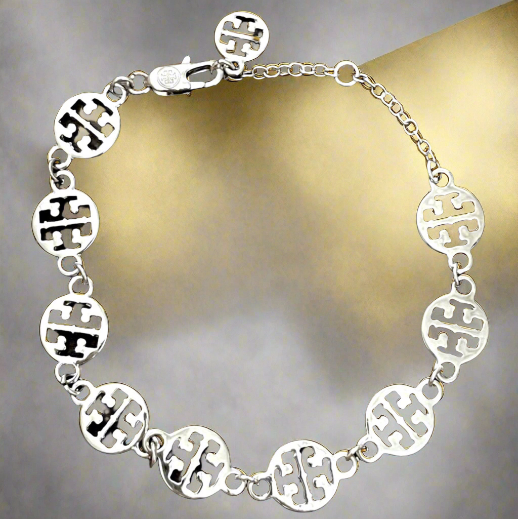 Tory Burch Silver Signature Logo Single Strand Logo Bracelet