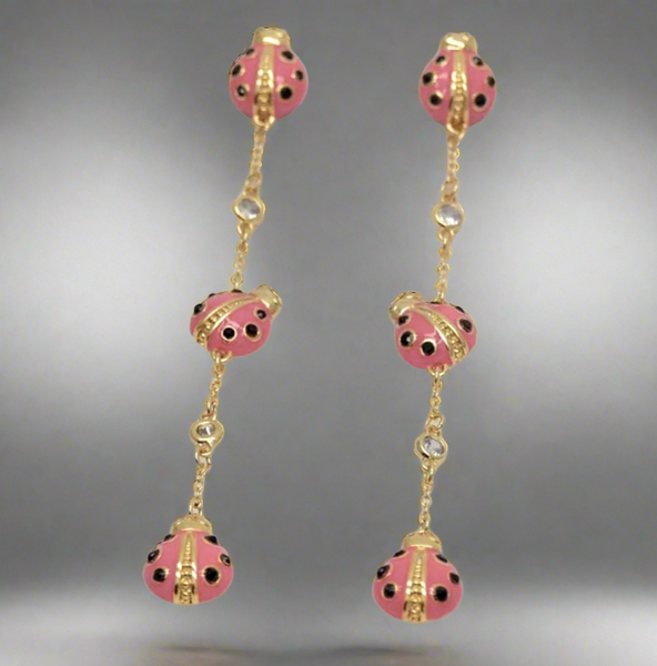 Kate Spade Long Gold Tone Pink Enamel Ladybugs Earrings Drop Dangle Hoop