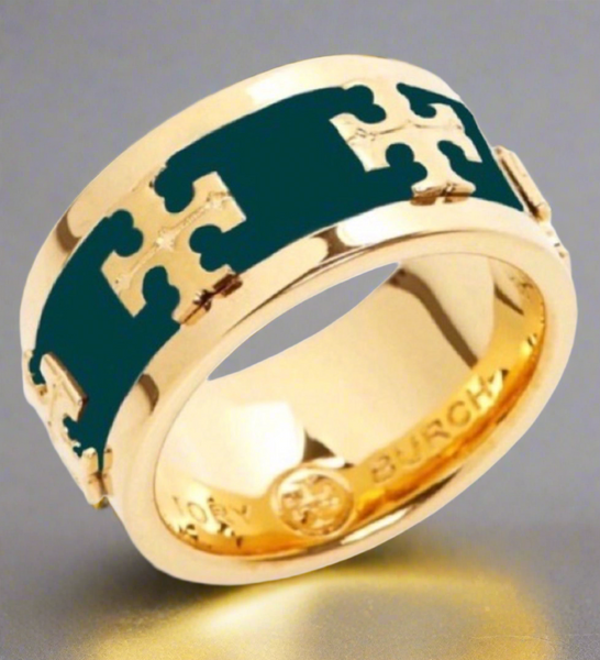 Tory Burch Wide Band Green Enamel With Raised Logo Ring Size 7