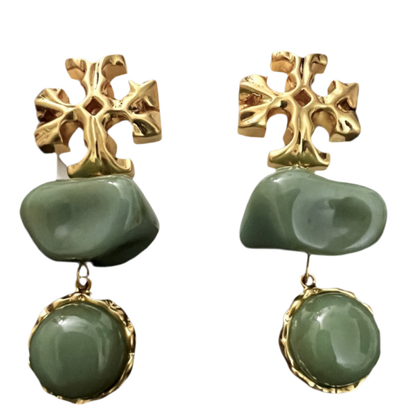 Tory Burch Roxanne Double Drop Earrings Gold Brass Green Azure