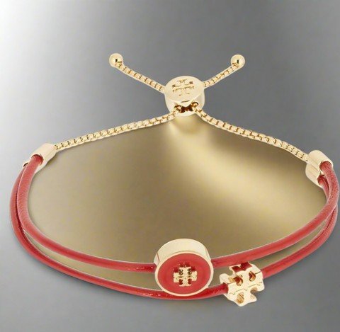 Tory Burch Kira 18K Gold Plated Leather & Enamel Logo Red Bracelet